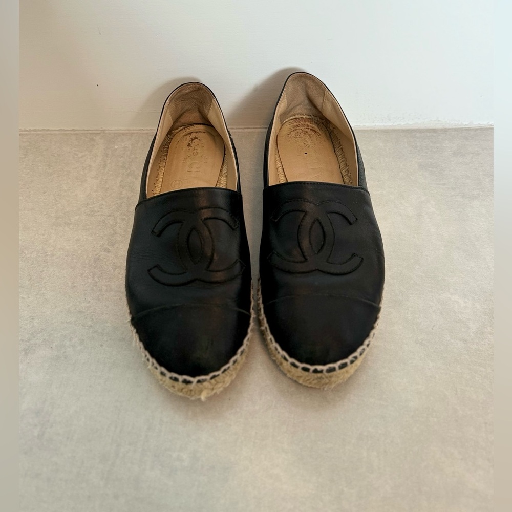 CHANEL black lambskin leather espadrilles Euro Size 35